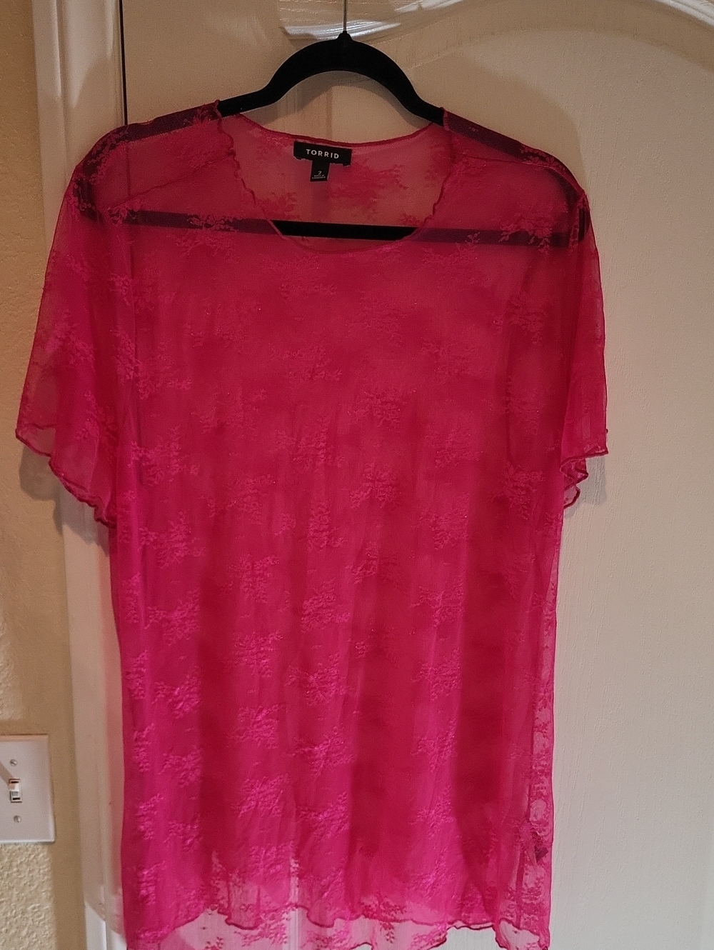 Nwot 2x torrid Sheer Lace Short-Sleeve Top in Hot Pink